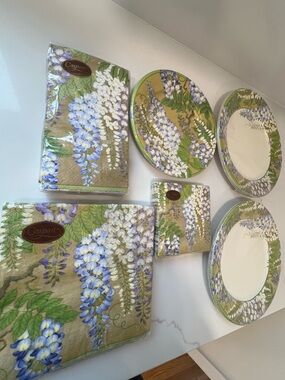 Caspari Wisteria Floral Dinnerware Paper Napkins & Plates - New